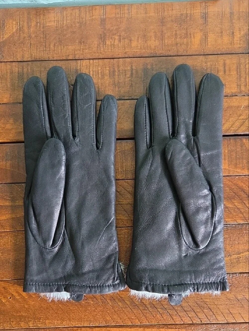 Overland Rabbit Fur Lined Black Leather Gloves Size 7.5